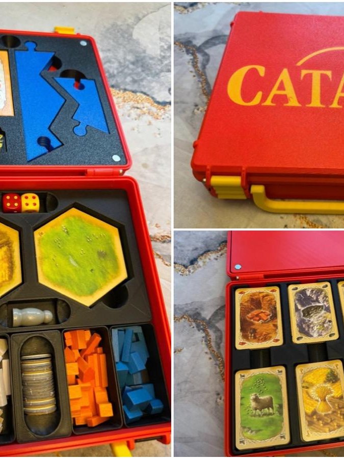 KreativLayers Catan Base Board Game Organizer with compartments for game pieces and cards, USA version, neatly arranged in box
