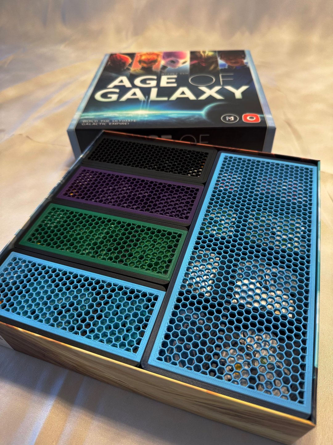 KreativLayers Age of Galaxy Second Edition board game organizer with compartments for game components and cards.