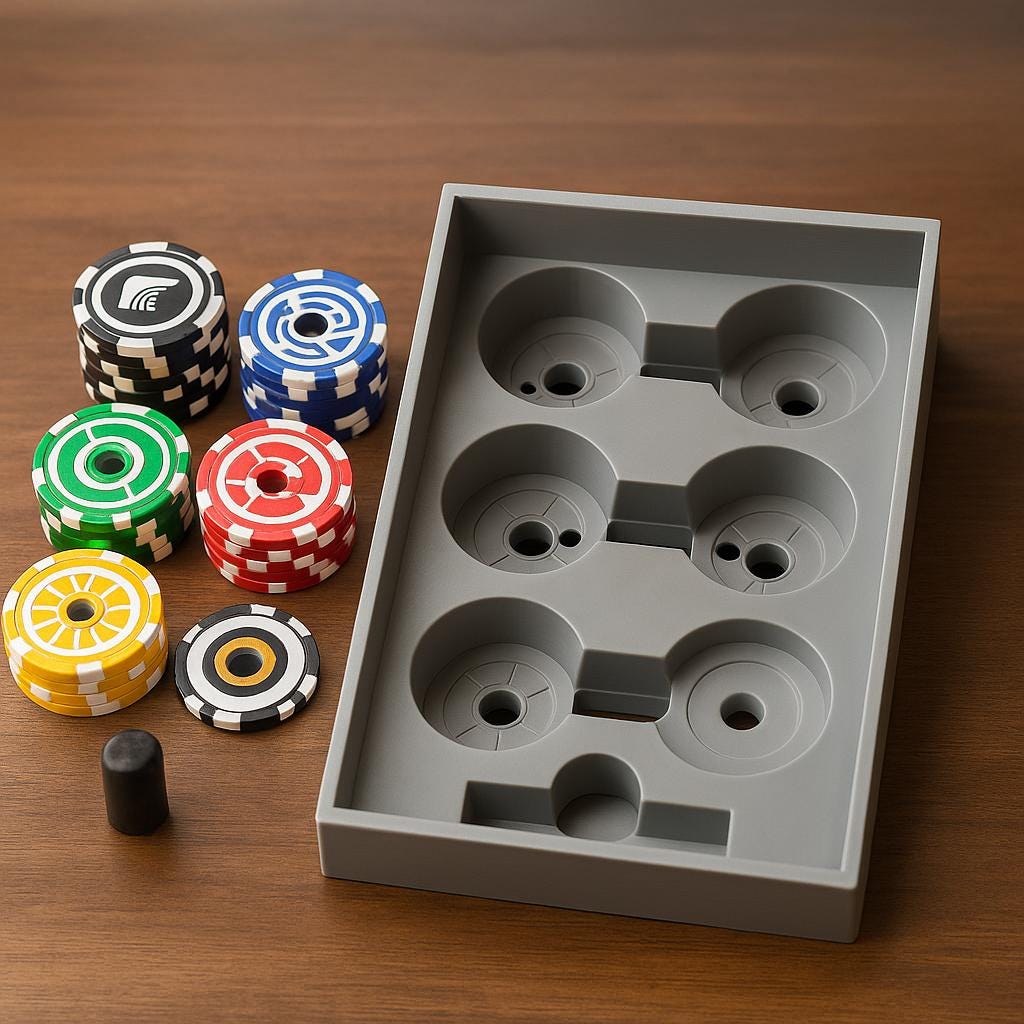 3D printed board game organizer tray with colorful game tokens and pieces on wood table