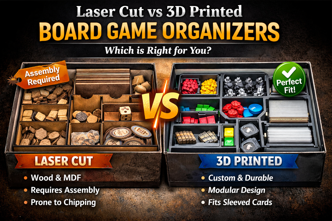 Laser cut vs 3D printed board game organizer comparison with features and compartments, KreativLayers