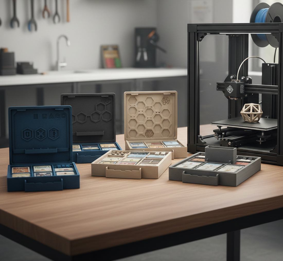 3D printed board game organizers and inserts on table near 3D printer, KreativLayers