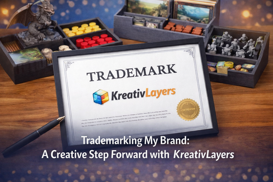 Trademark certificate for KreativLayers on table with board game organizers and game pieces