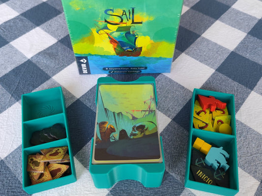 KreativLayers Sail Board Game Organizer with compartments for game pieces and cards, featuring a sleek design.