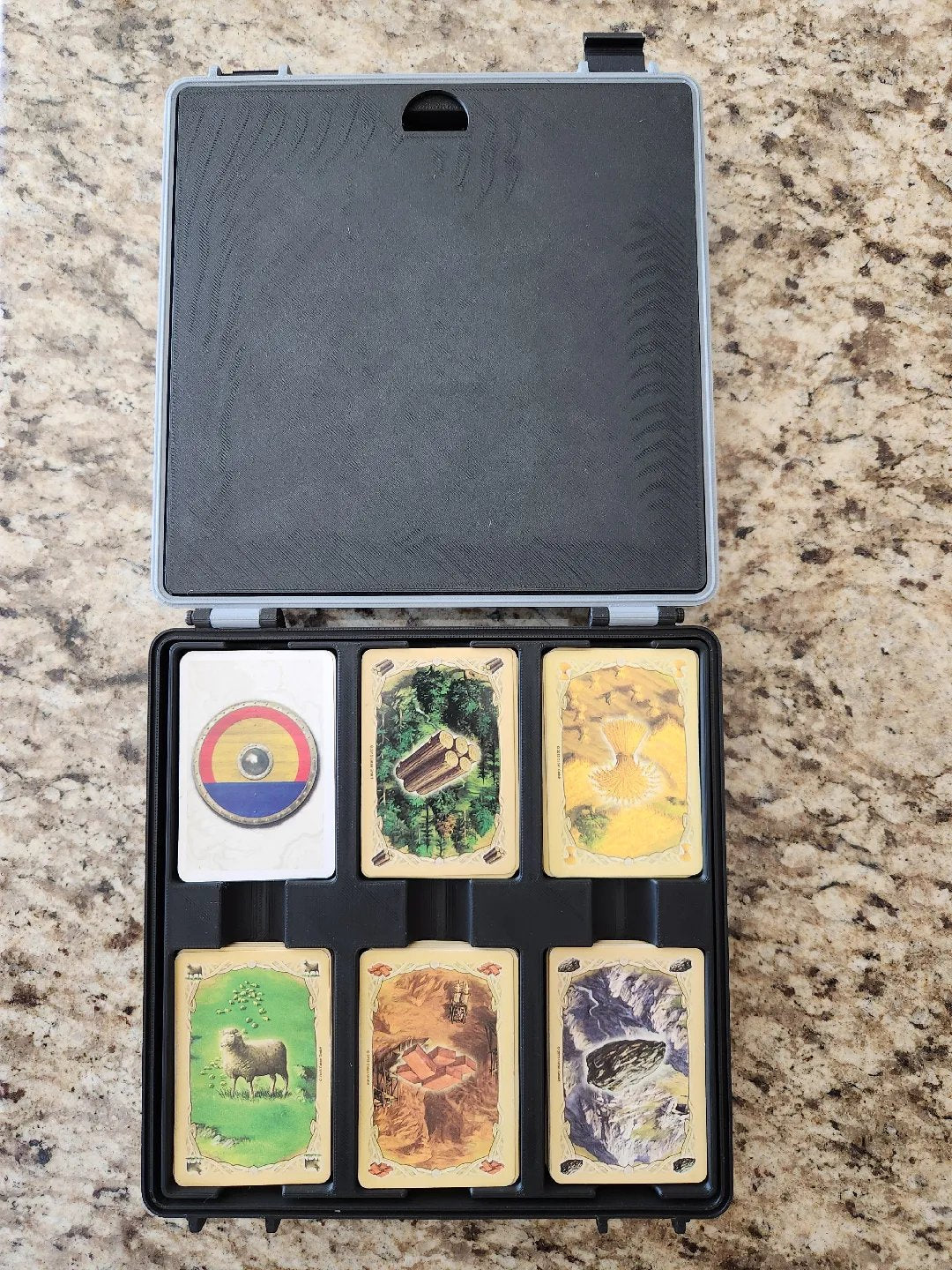 KreativLayers Catan Base Board Game Organizer box for USA version, featuring compartments for game pieces and cards.