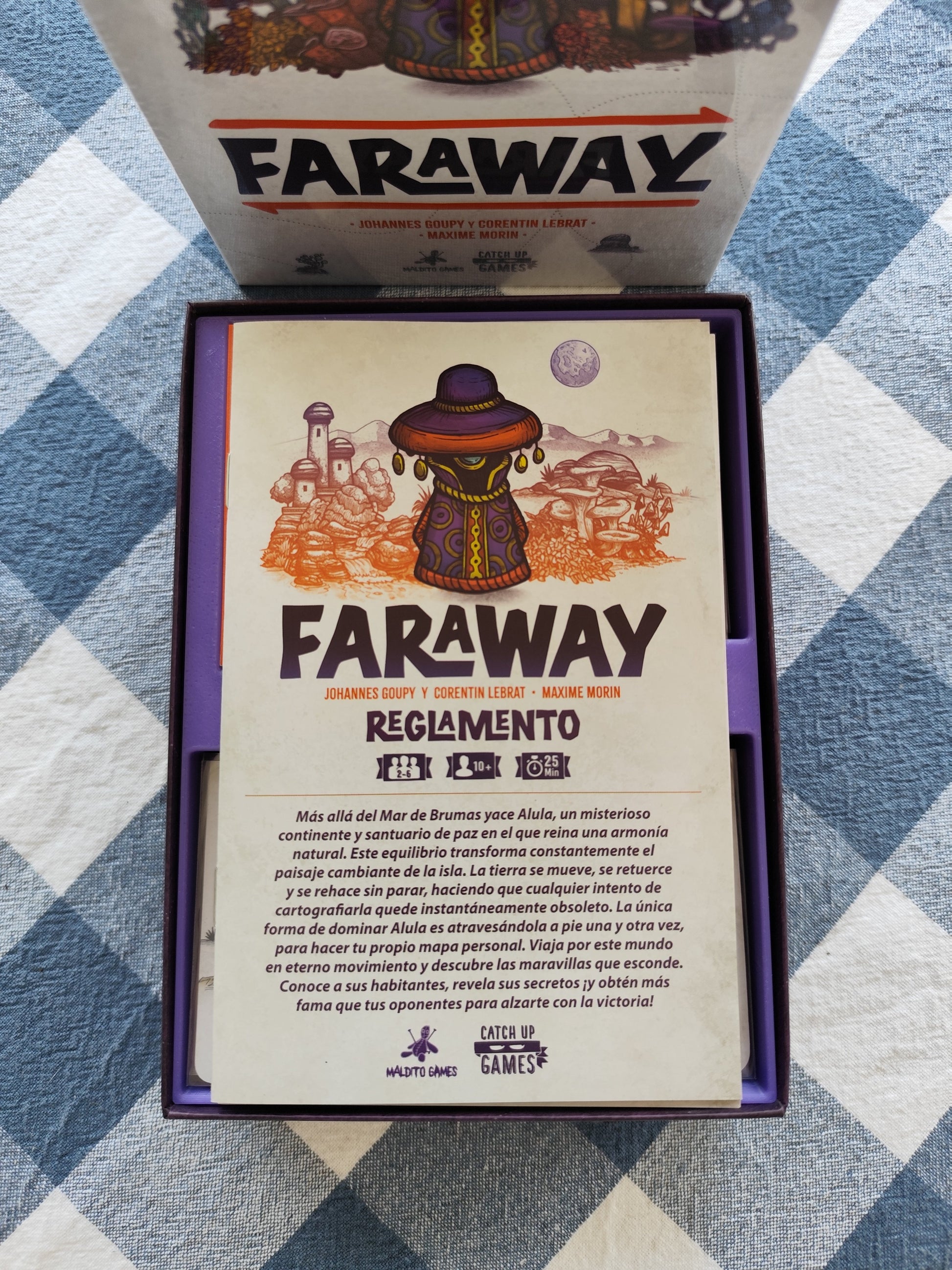Board game organizer for Faraway by KreativLayers, featuring custom compartments and a sleek design.