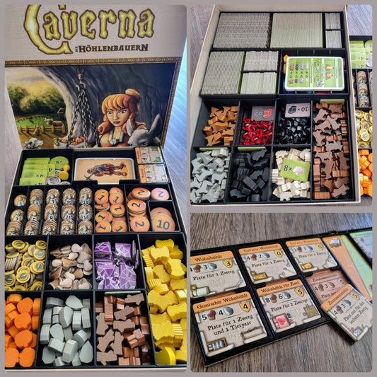 KreativLayers Caverna board game organizer with compartments for Forgotten Folk expansion components, keeping game pieces tidy.