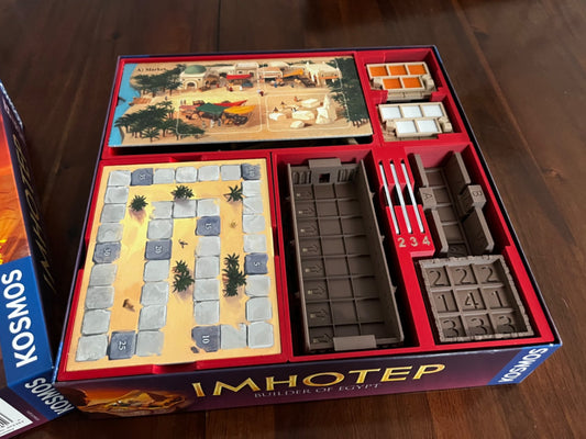 Imhotep Board Game Organizer by KreativLayers featuring upgraded components and compartments for improved game setup.