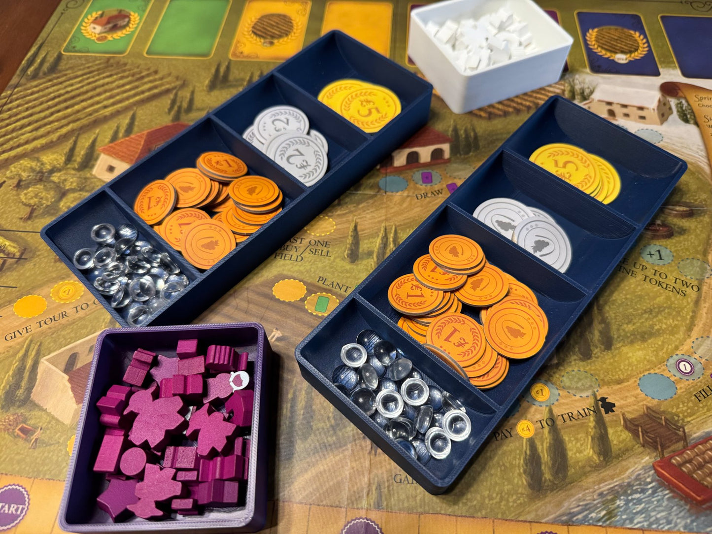KreativLayers board game organizer for Viticulture & Tuscany expansion with compartments for cards and pieces.
