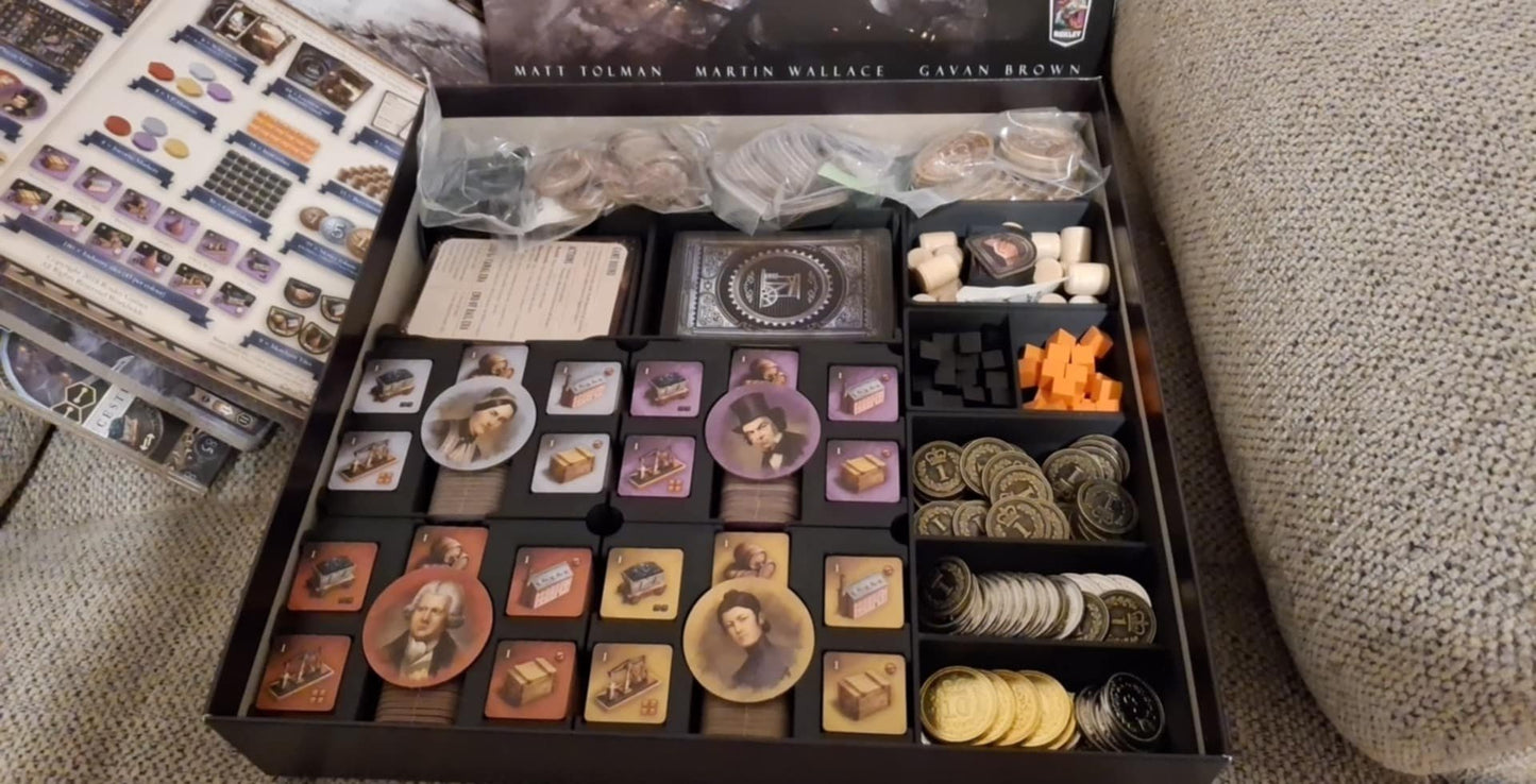 Brass Birmingham inserts by KreativLayers, showcasing a board game organizer with compartments for game pieces and cards.