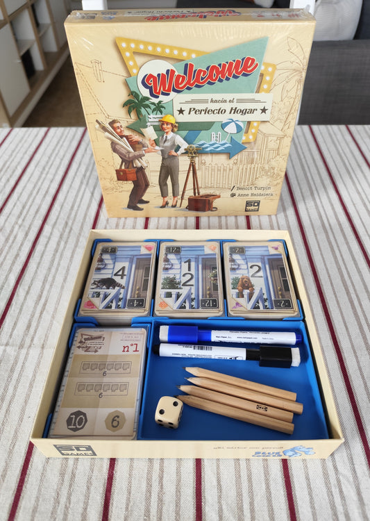 KreativLayers board game organizer for "Welcome To INSERT" with compartments and card slots for easy game setup.