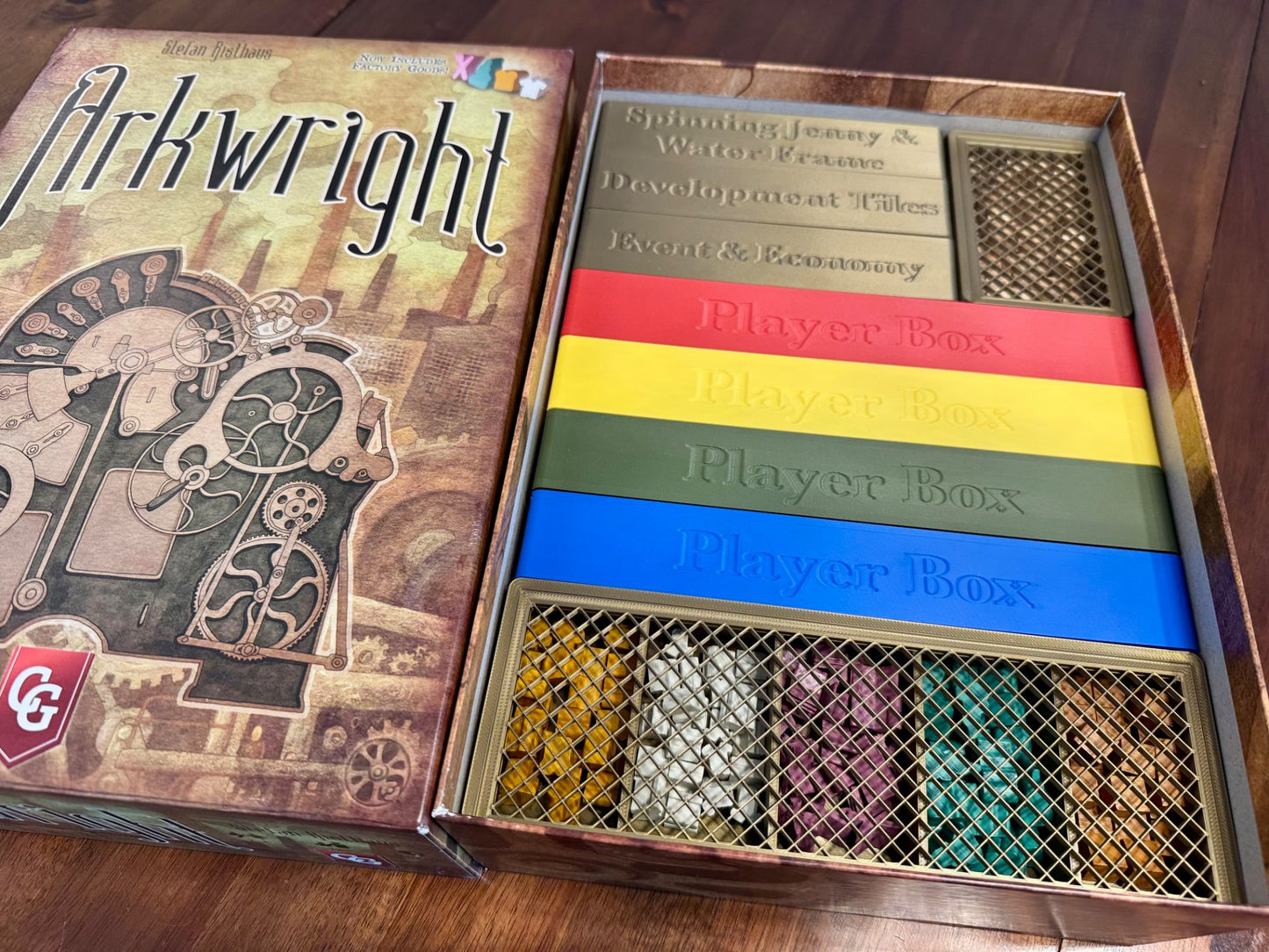 Arkwright Game Insert and Worker Overlay by KreativLayers, featuring organized compartments for game components.