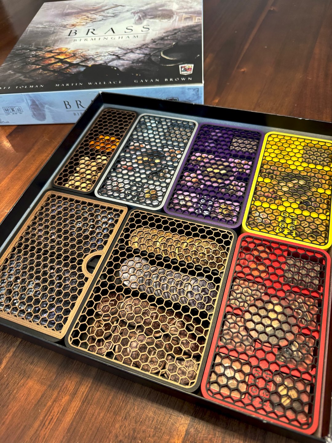 Brass Birmingham board game organizer by KreativLayers with compartments for game components and cards.