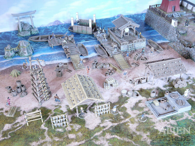 3D printed Samurai Fishing Village game terrain by KreativLayers featuring detailed Japanese-style buildings and scenic landscape elements.