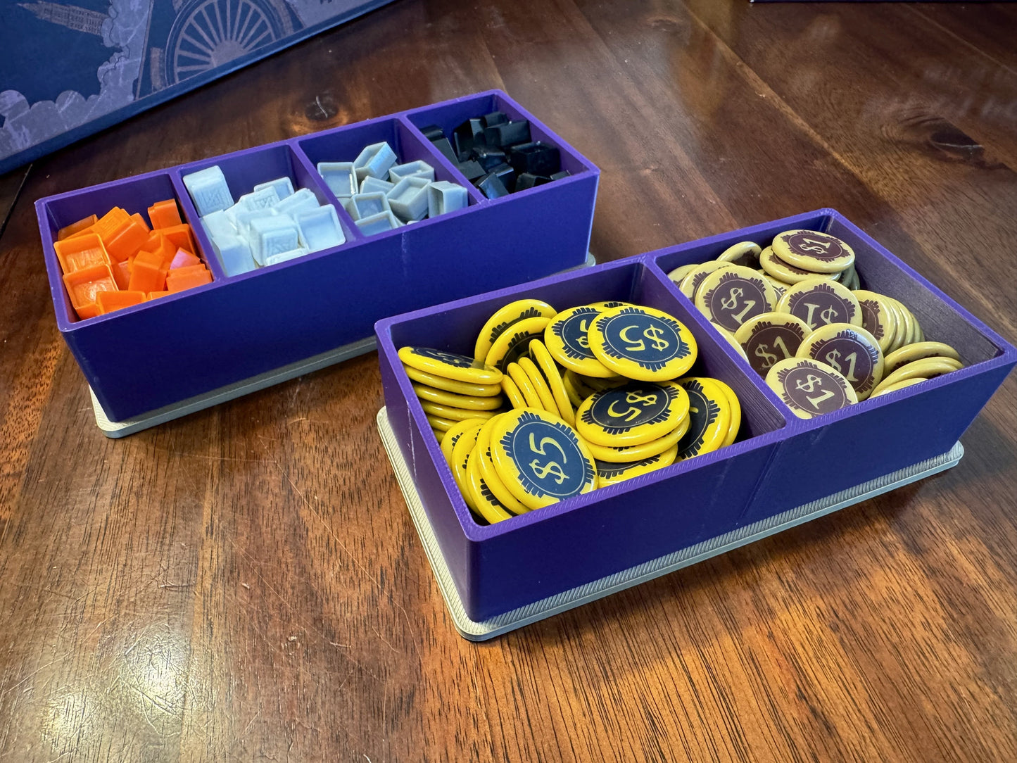 Steam Power Deluxe Board Game Organizer by KreativLayers with compartments for game components and cards.