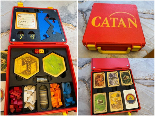 KreativLayers Catan Base Board Game Organizer with compartments for game pieces and cards, USA version, on a table.