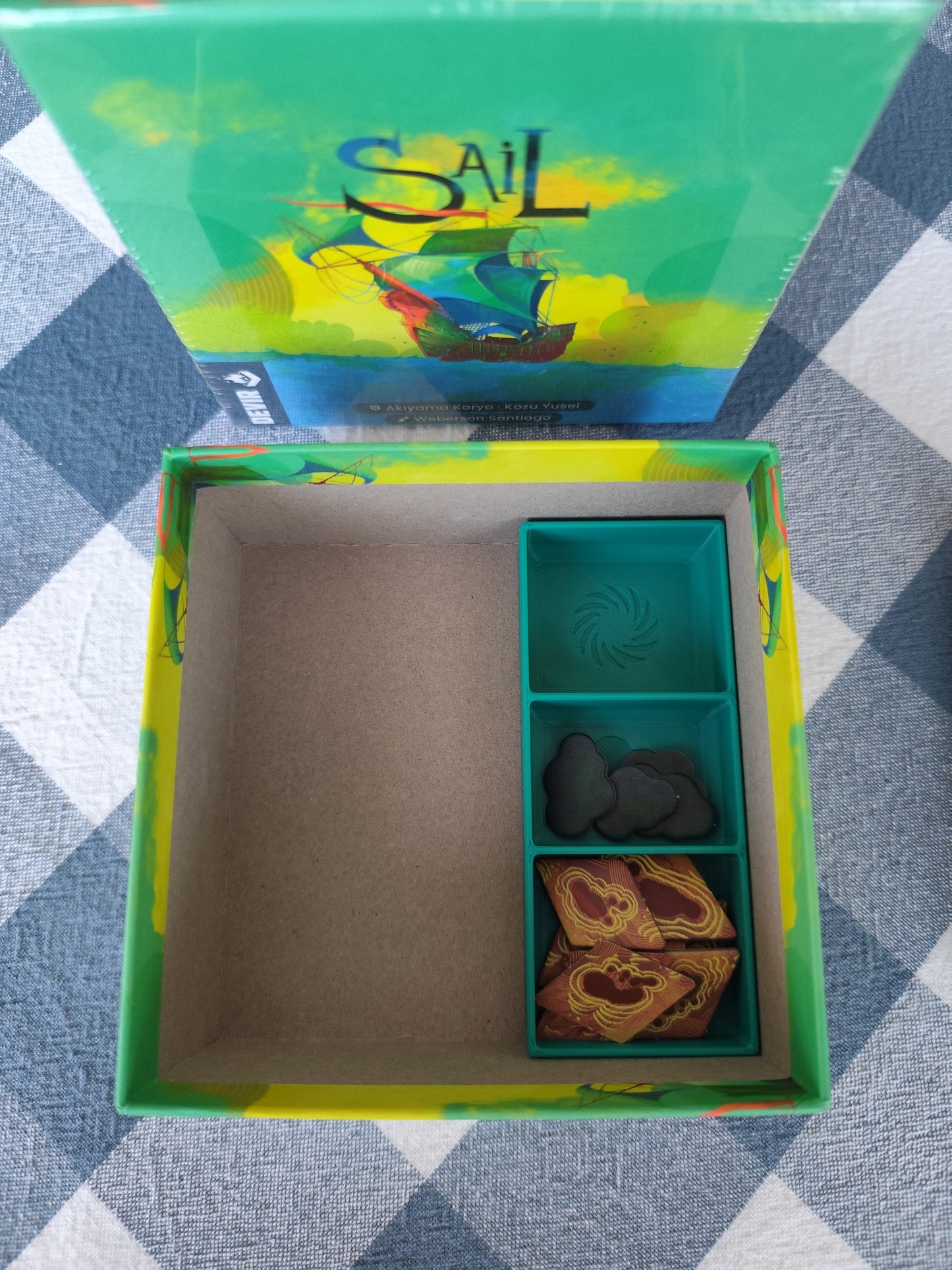 Board game organizer for Sail by KreativLayers, featuring compartments for cards, tokens, and game pieces.