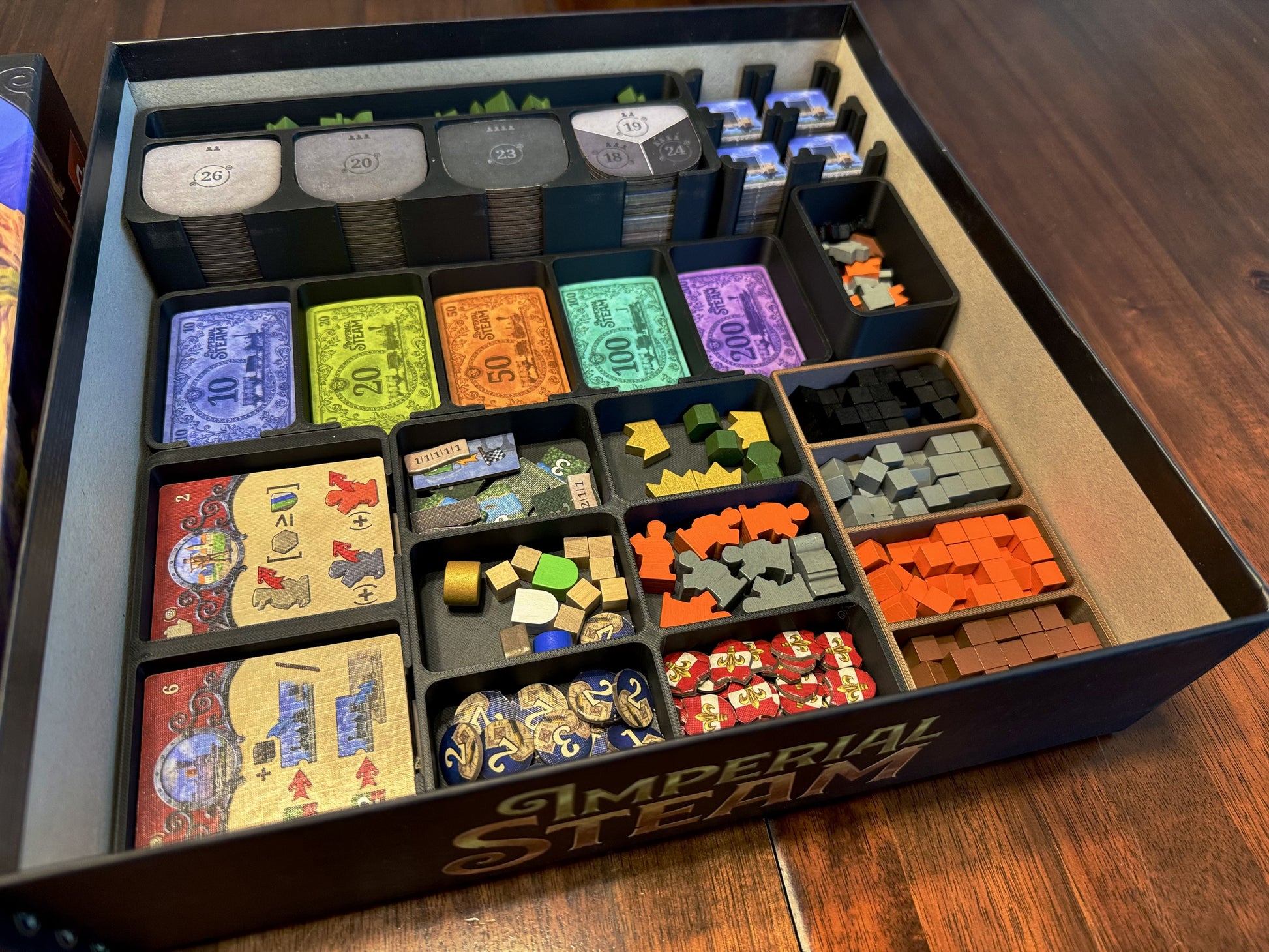 Imperial Steam Insert by KreativLayers, a board game organizer with compartments for game pieces and cards.