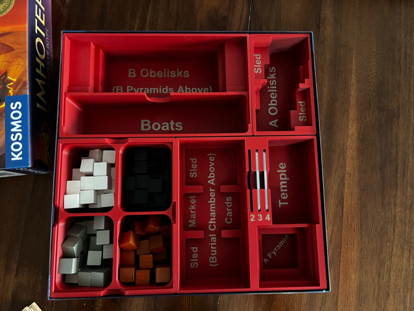 KreativLayers Imhotep board game organizer with upgraded components, neatly arranged for optimal game setup and storage.