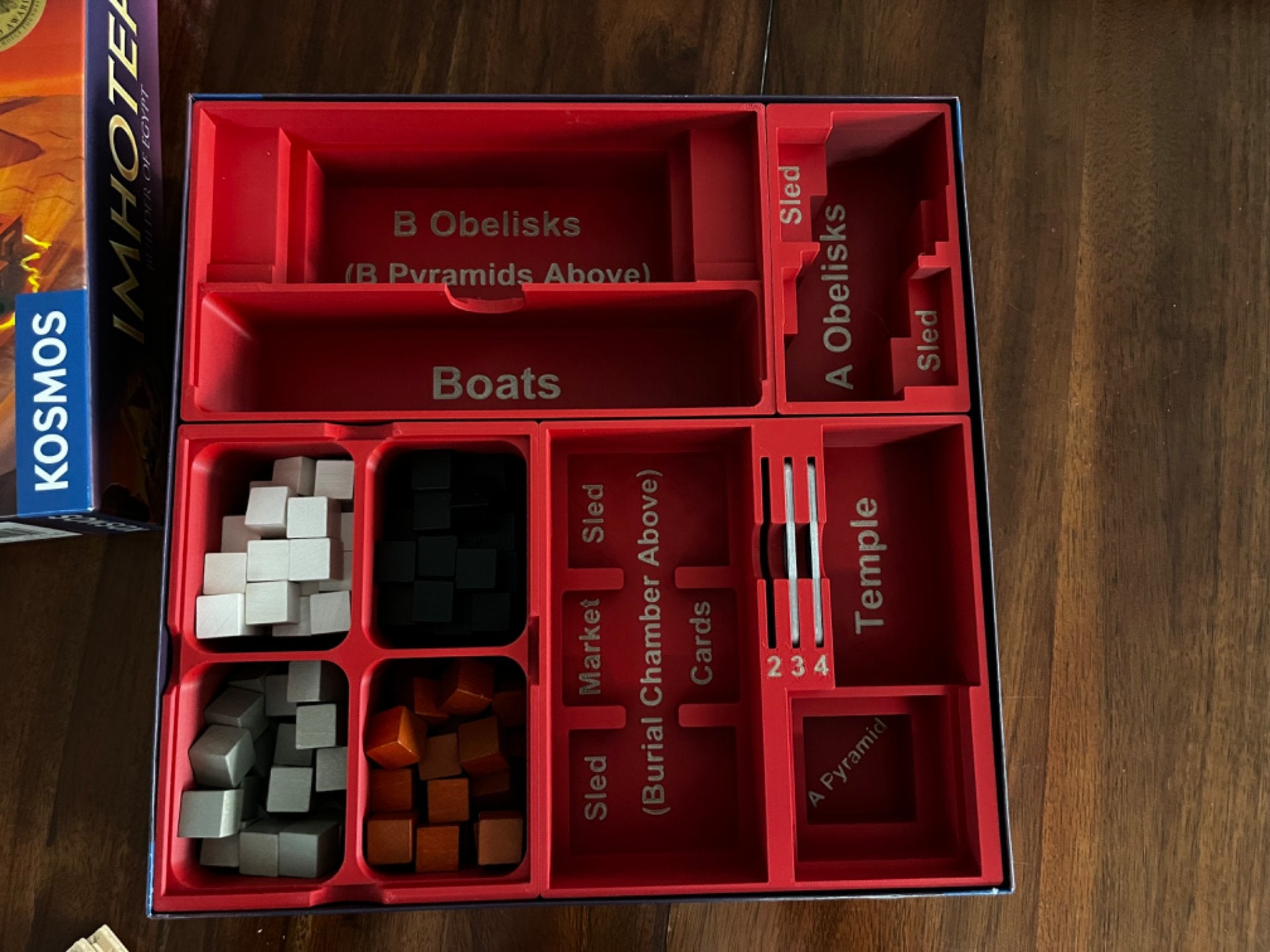 KreativLayers Imhotep board game organizer with upgraded components, neatly arranged for optimal game setup and storage.
