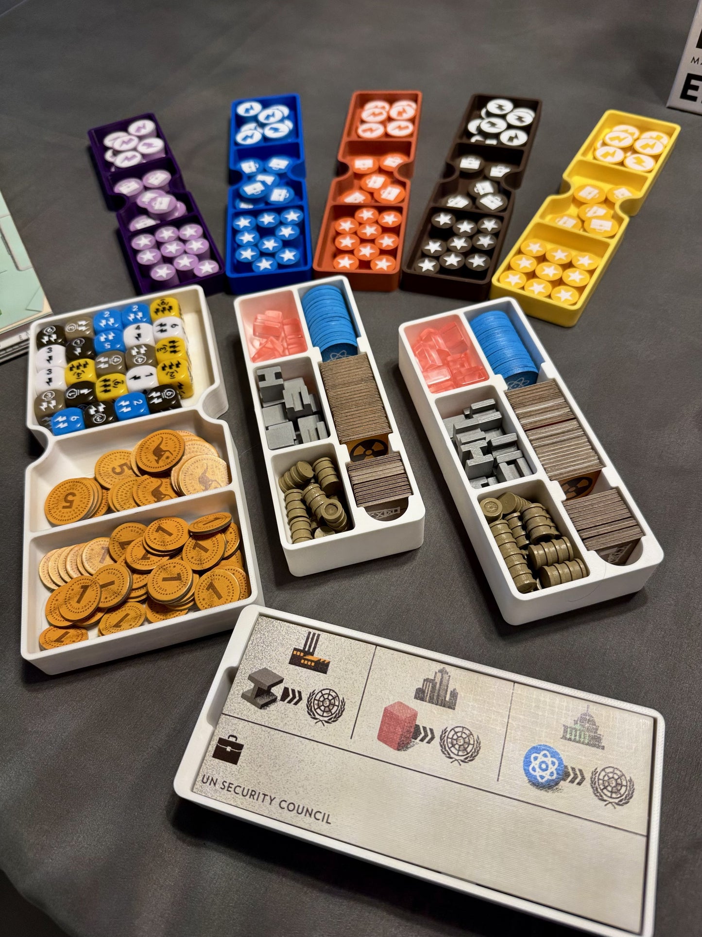 Manhattan Project Energy Empire board game organizer by KreativLayers with compartments for game pieces and cards.