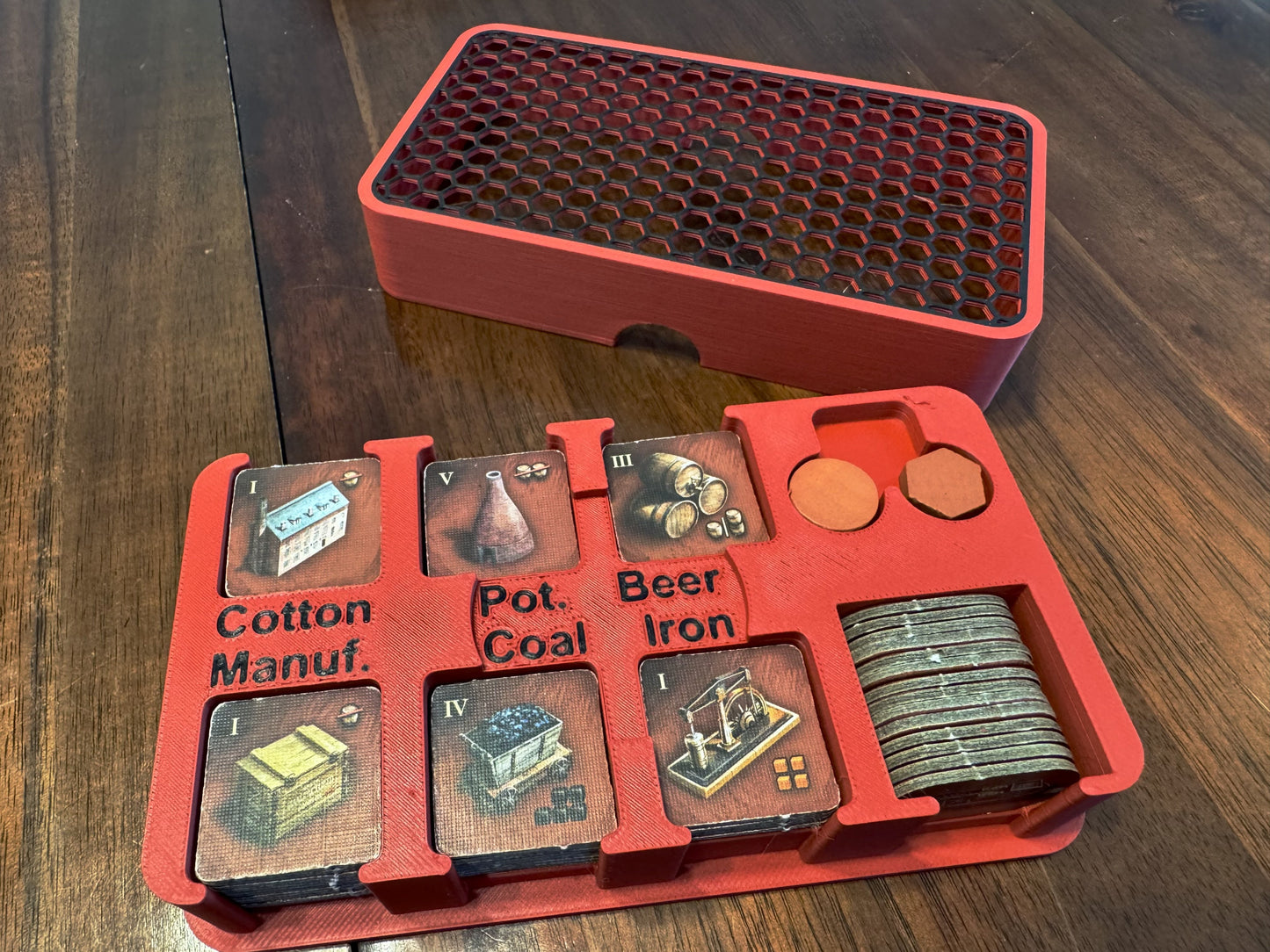Brass Birmingham board game organizer from KreativLayers, featuring multiple compartments for game components.