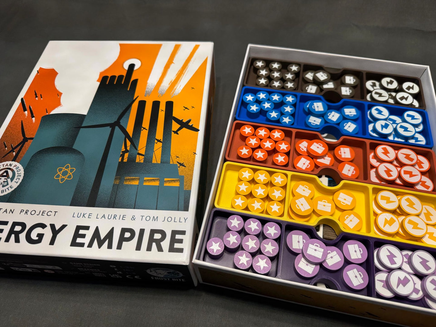 Manhattan Project Energy Empire board game organizer by KreativLayers, featuring compartments for game components and cards.
