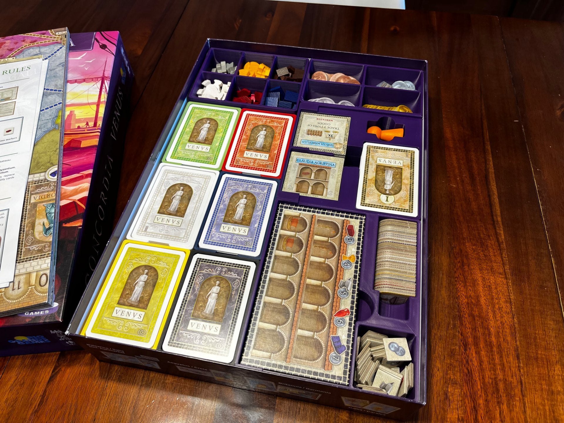 KreativLayers Concordia Venus board game organizer with compartments for game pieces and cards.