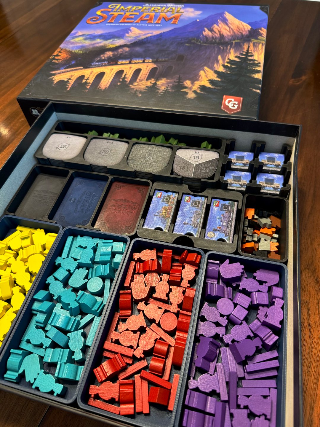 Imperial Steam Insert by KreativLayers, a board game organizer with compartments for game pieces and cards.