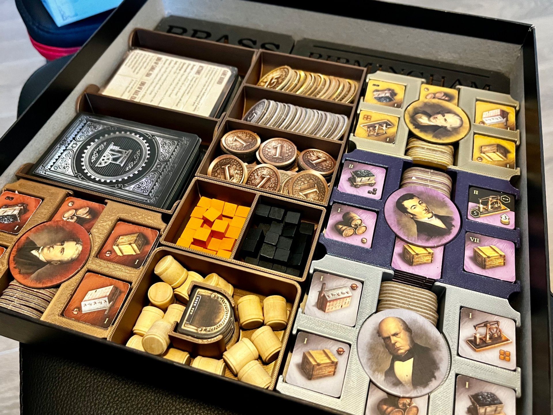 Brass: Birmingham Inserts by KreativLayers, showcasing a board game organizer with custom compartments and a sleek design.