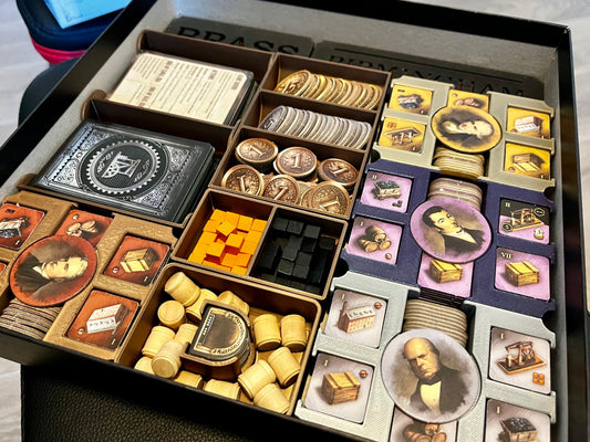 Brass: Birmingham Inserts by KreativLayers, showcasing a board game organizer with custom compartments and a sleek design.