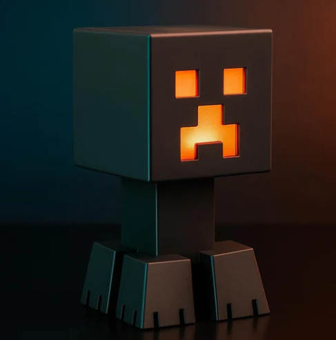 Custom 3D printed block game character desk lamp with glowing face by KreativLayers