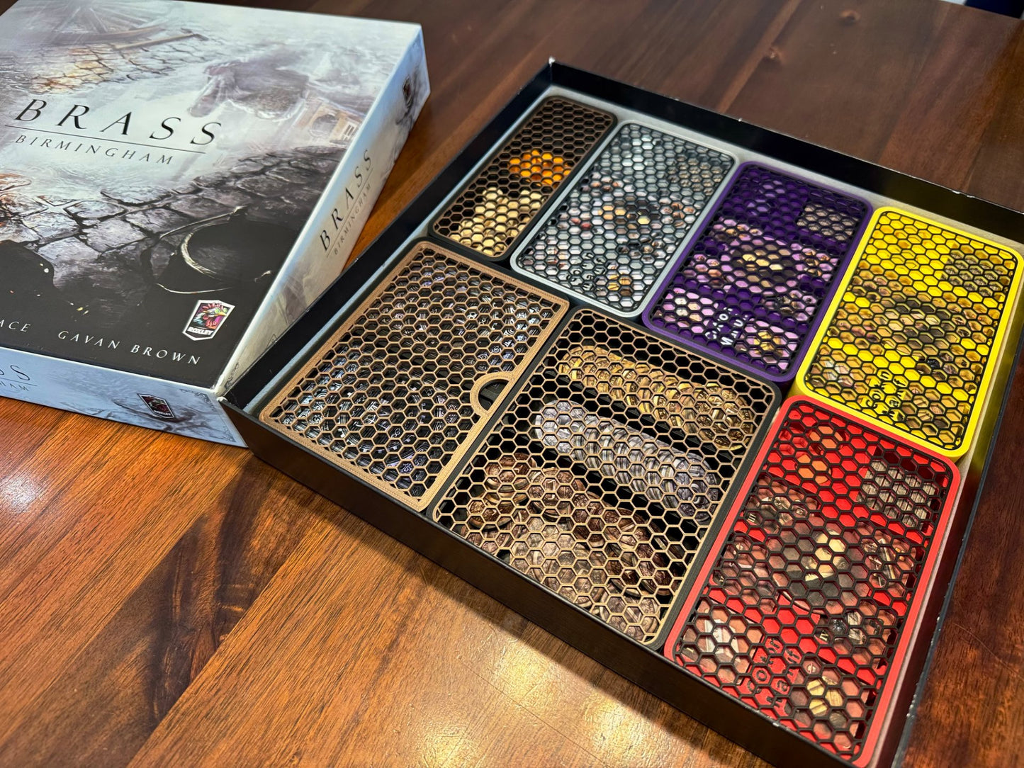 Brass Birmingham board game organizer by KreativLayers, showcasing compartments for game pieces and cards.
