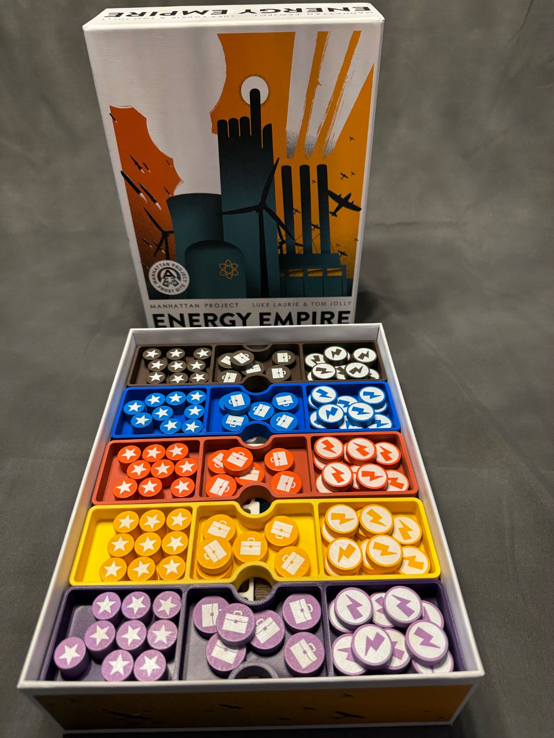 Manhattan Project Energy Empire Board Game Organizer by KreativLayers, featuring custom compartments for game components.