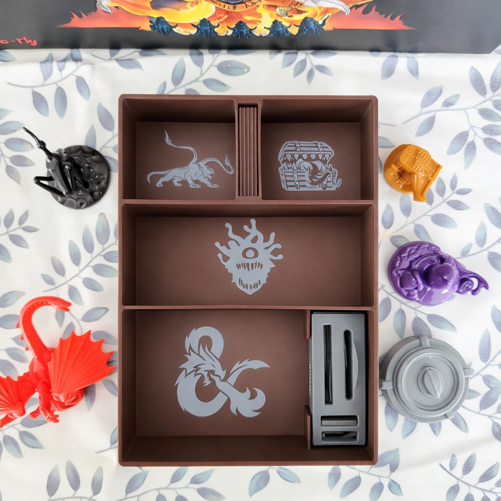 Horrified Dungeons & Dragons board game organizer by KreativLayers, showcasing multiple compartments for game pieces and cards.