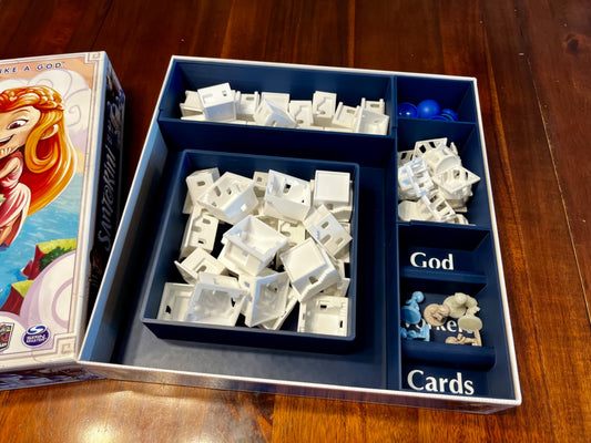 KreativLayers Santorini Game Insert, organized compartments for game pieces and cards in a board game organizer.