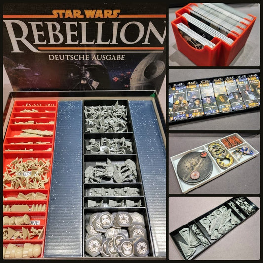 Star Wars Rebellion board game organizer by KreativLayers showing custom compartments for game pieces and cards.