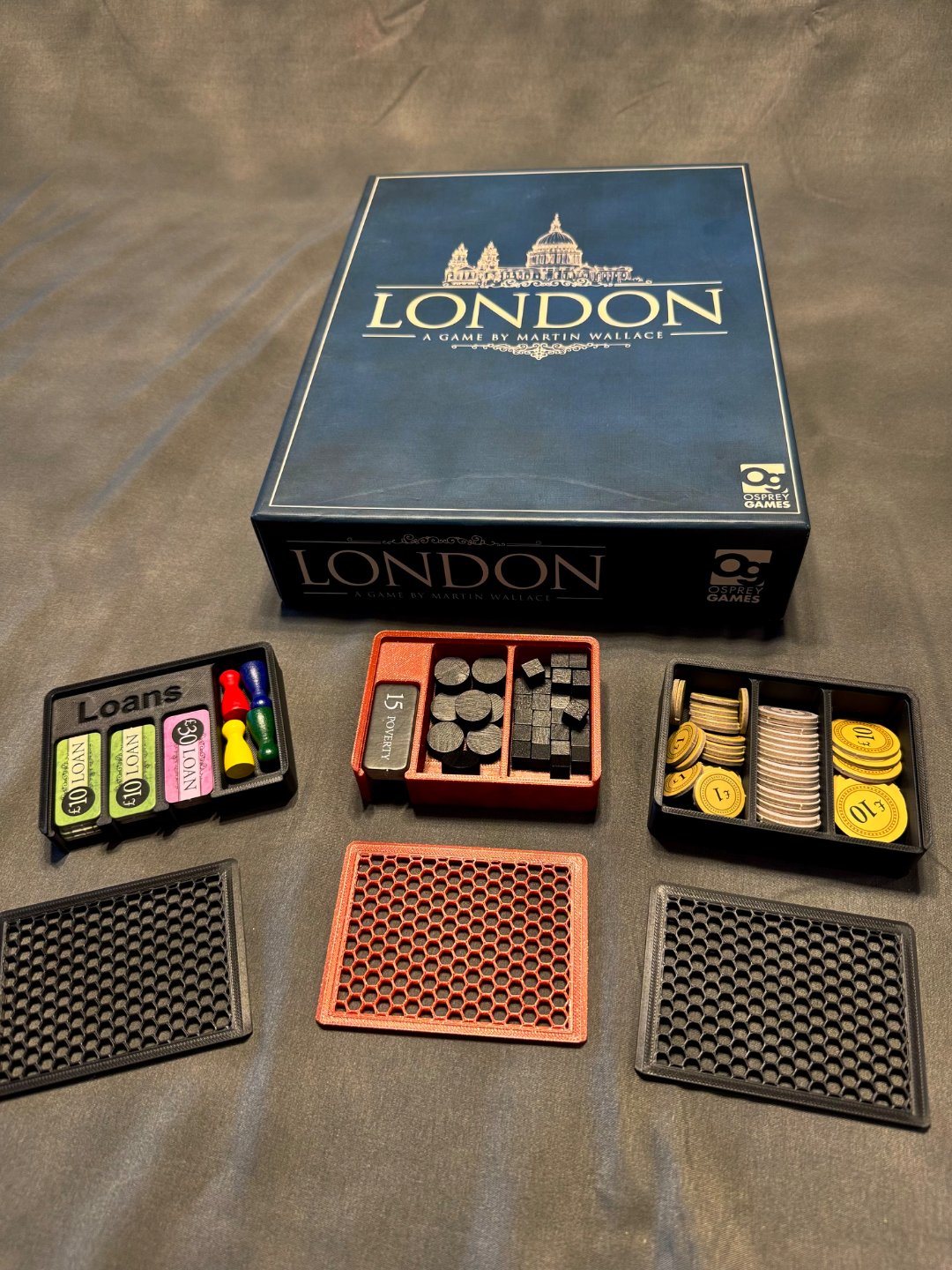 London Second Edition board game organizer by KreativLayers, featuring compartments for game pieces and cards.