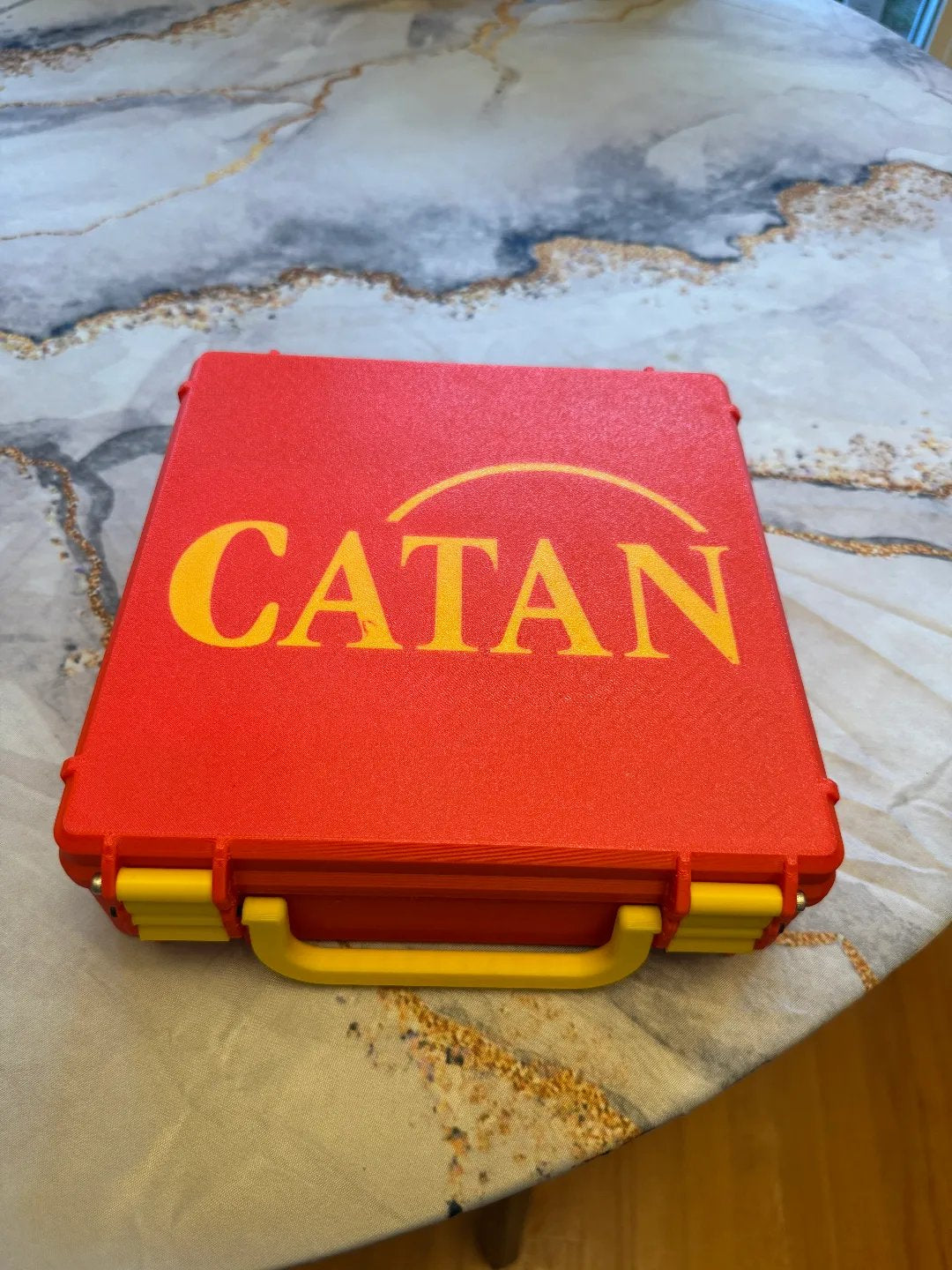 KreativLayers Catan Base Board Game Organizer for USA version, showing the custom storage box for game pieces and cards.