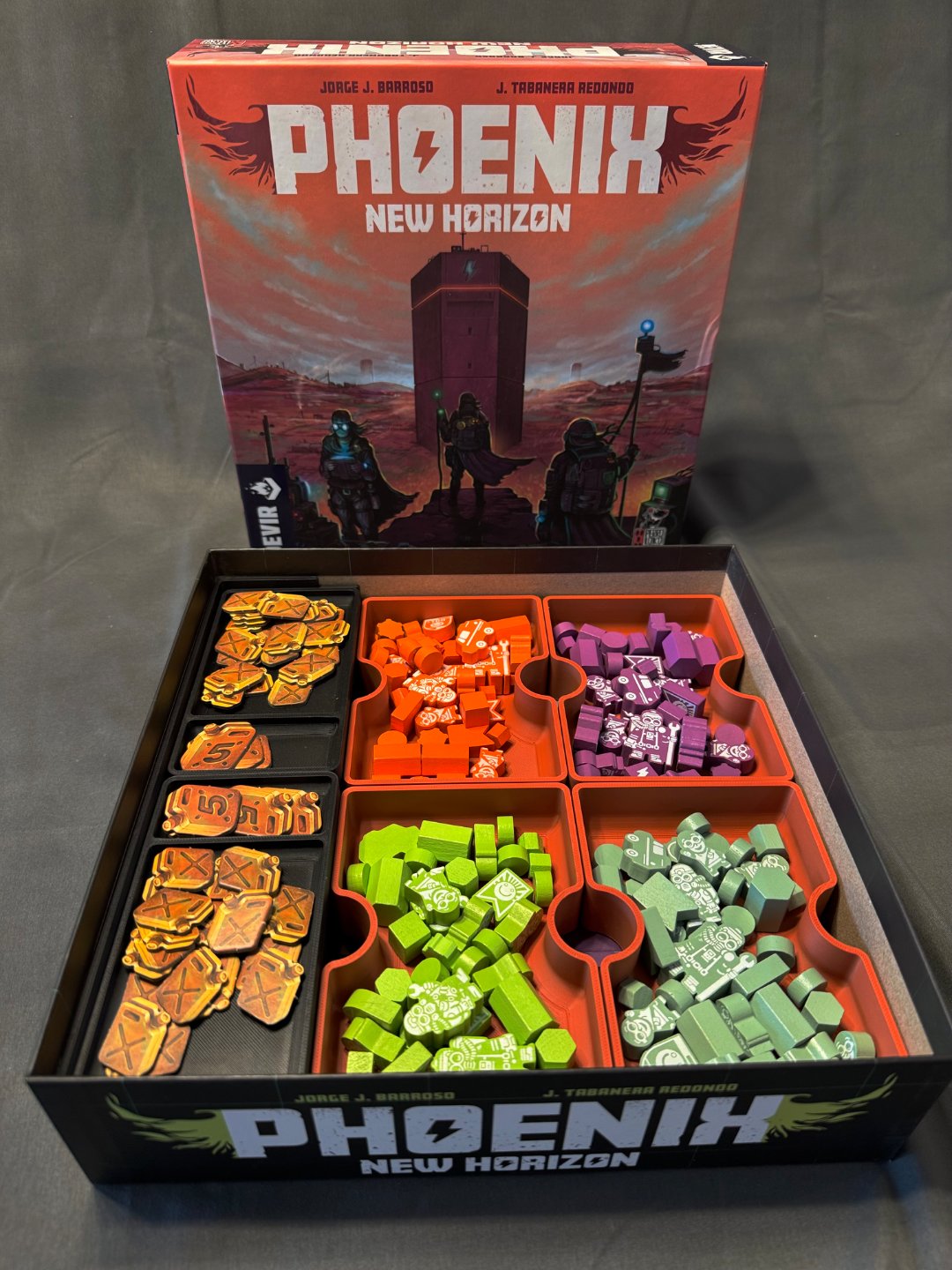 Phoenix New Horizon board game organizer by KreativLayers, featuring multiple compartments for game pieces and cards.
