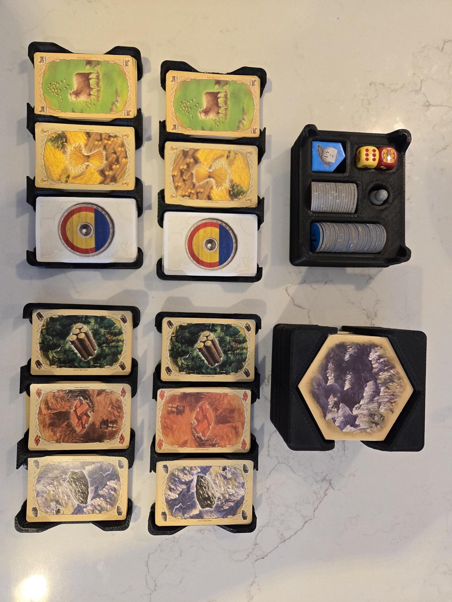 Board game organizer with resource card trays, token holder, and game box insert by KreativLayers