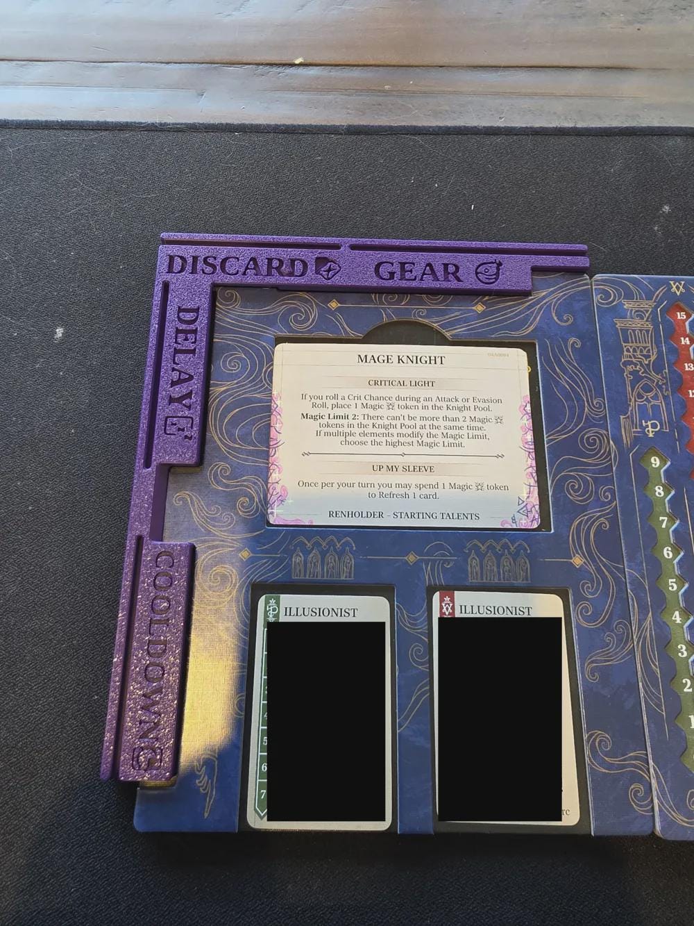 Purple 3D printed board game organizer labeled for discard, gear, delay, and cooldown on game mat