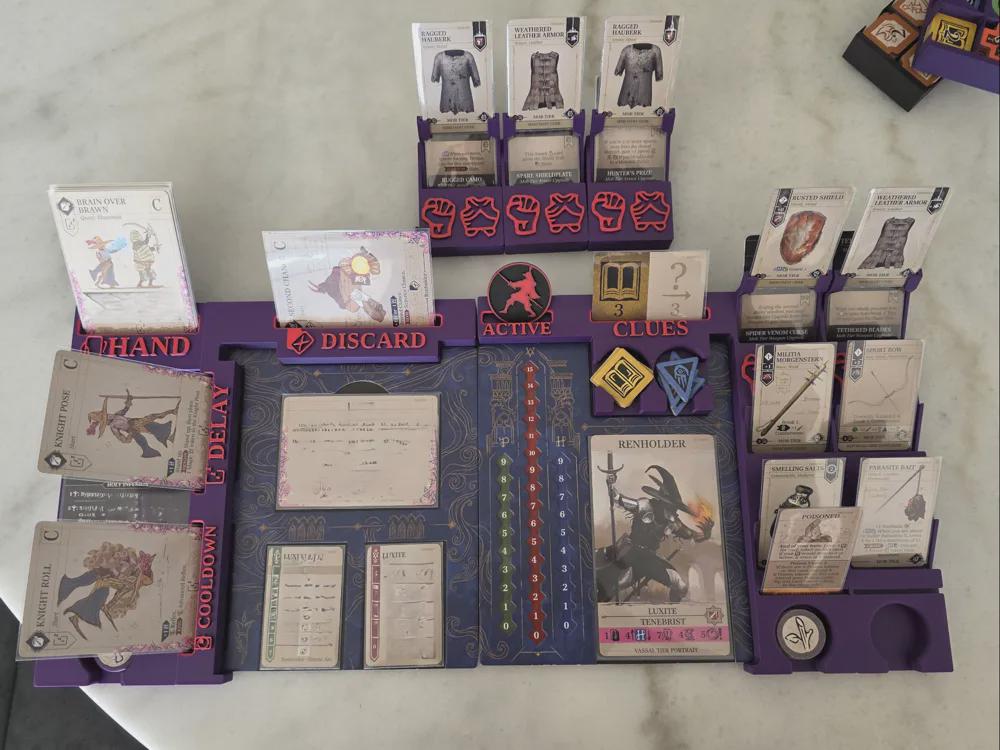 3D printed purple board game organizer with cards, tokens, and Renholder character setup, KreativLayers tabletop insert.