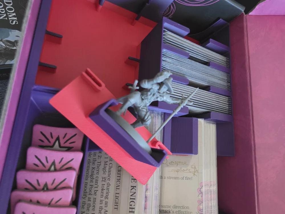 3D printed board game organizer with miniatures, cards, and tokens inside game box by KreativLayers