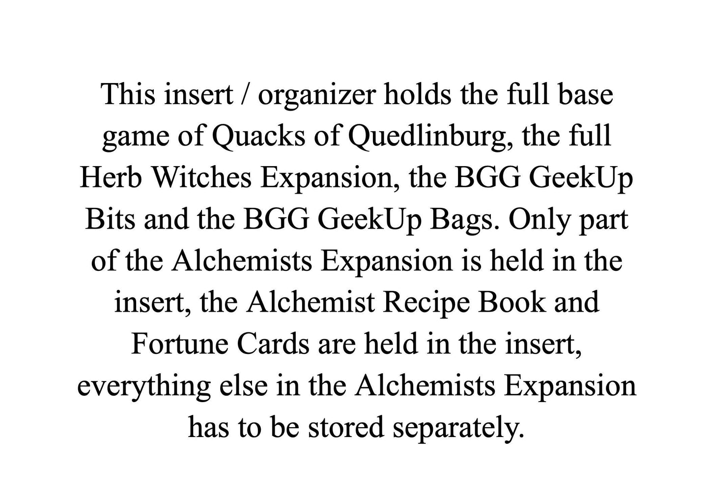 Text details board game organizer for Quacks of Quedlinburg and expansions by KreativLayers
