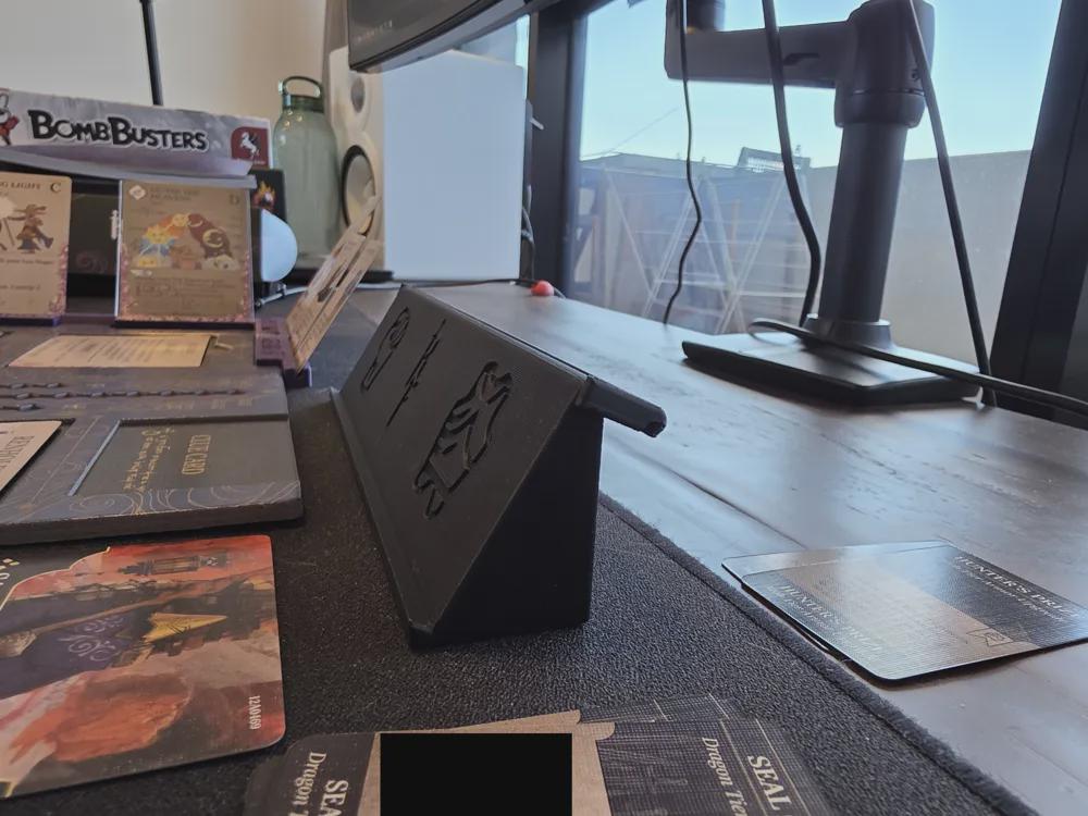 3D printed board game organizer holding cards on gaming table, KreativLayers tabletop storage solution