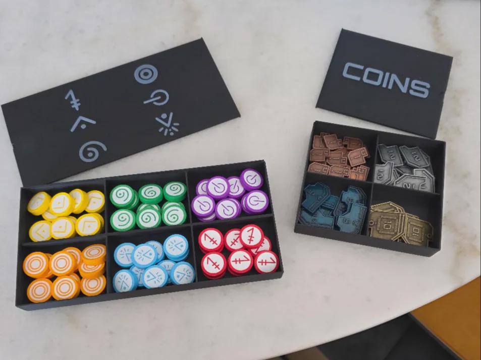 Board game organizer with colorful tokens and coins, 3D printed storage by KreativLayers.