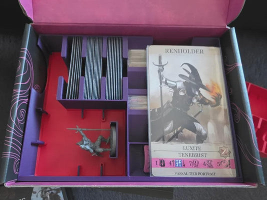 Board game organizer insert with sorted cards, game piece, and character card in game box