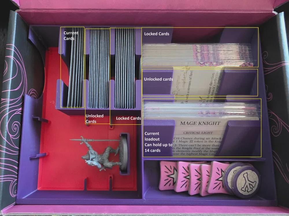 Board game organizer with labeled card sections, 3D printed insert, tokens, and game miniature.