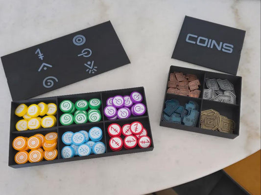 Board game organizer with colorful tokens and coins, 3D printed storage by KreativLayers.