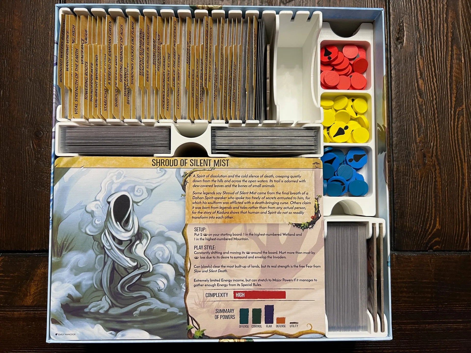Board game organizer with labeled card slots and colorful tokens, fitting inside game box